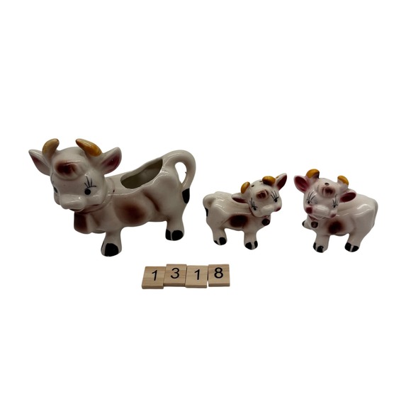 Vintage Ceramic Cow Creamer Pitcher & Calf Figurine Set, Farmhouse Kitchen Decor - Picture 1 of 9